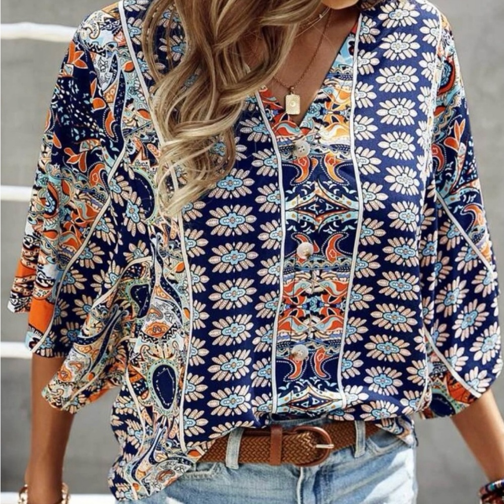 SHEIN Blue and White Graphic Blouse Relaxed Fit